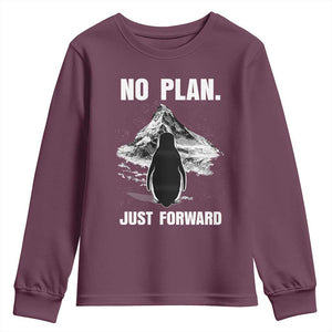 Nihilist Penguin Hiking Meme Youth Sweatshirt No Plan Just Forward TS14 Maroon Print Your Wear