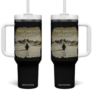 Nihilist Penguin Hiking Meme Tumbler With Handle They Survived He Lived TS14 One Size: 40 oz Black Print Your Wear
