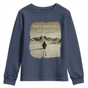 Nihilist Penguin Hiking Meme Youth Sweatshirt They Survived He Lived TS14 Navy Print Your Wear