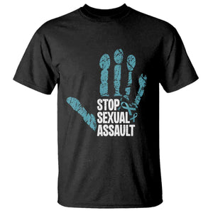 Stop Sexual Assault T Shirt Teal Ribbon Hand TS14 Black Print Your Wear