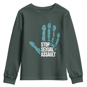 Stop Sexual Assault Youth Sweatshirt Teal Ribbon Hand TS14 Dark Forest Green Print Your Wear