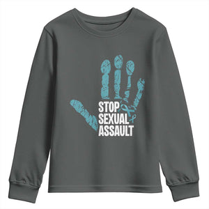 Stop Sexual Assault Youth Sweatshirt Teal Ribbon Hand TS14 Dark Heather Print Your Wear