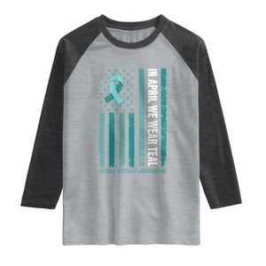 Sexual Assault Awareness American Flag Raglan Shirt In April We Wear Teal Ribbon TS14 Heather Gray Heather Charcoal Print Your Wear