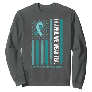 Sexual Assault Awareness American Flag Sweatshirt In April We Wear Teal Ribbon TS14 Dark Heather Print Your Wear