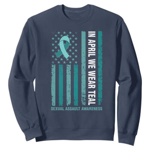 Sexual Assault Awareness American Flag Sweatshirt In April We Wear Teal Ribbon TS14 Navy Print Your Wear