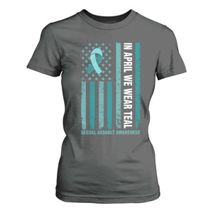 Sexual Assault Awareness American Flag T Shirt For Women In April We Wear Teal Ribbon TS14 Dark Heather Print Your Wear