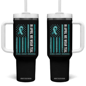 Sexual Assault Awareness American Flag Tumbler With Handle In April We Wear Teal Ribbon TS14 One Size: 40 oz Black Print Your Wear