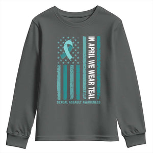 Sexual Assault Awareness American Flag Youth Sweatshirt In April We Wear Teal Ribbon TS14 Dark Heather Print Your Wear