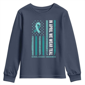 Sexual Assault Awareness American Flag Youth Sweatshirt In April We Wear Teal Ribbon TS14 Navy Print Your Wear
