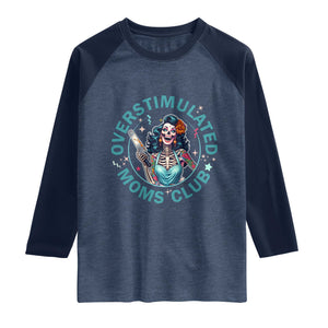 Overstimulated Moms Club Raglan Shirt Neurodivergent Mom Mental Health TS14 Heather Denim Navy Print Your Wear