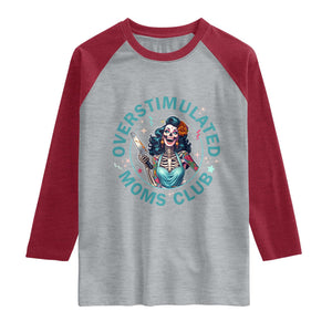 Overstimulated Moms Club Raglan Shirt Neurodivergent Mom Mental Health TS14 Heather Gray Heather Red Print Your Wear