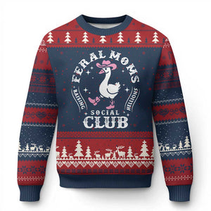 Feral Moms Raising Hellions Social Club Ugly Christmas Sweater Funny Goose Pink Cowgirl Boots Hat TS14 Navy Red Print Your Wear