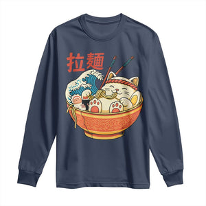 Funny Cat Ramen Long Sleeve Shirt Cute Japanese Sushi Kitty Eating Noodles TS14 Navy Print Your Wear
