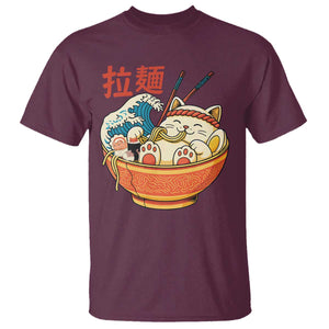 Funny Cat Ramen T Shirt Cute Japanese Sushi Kitty Eating Noodles TS14 Maroon Print Your Wear