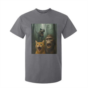Cat Bigfoot Selfie With Dinosaur T Shirt For Kid Funny Surprised Scared Sasquatch Cat TS14 Charcoal Print Your Wear