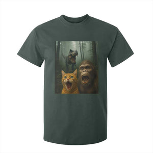 Cat Bigfoot Selfie With Dinosaur T Shirt For Kid Funny Surprised Scared Sasquatch Cat TS14 Dark Forest Green Print Your Wear