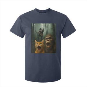 Cat Bigfoot Selfie With Dinosaur T Shirt For Kid Funny Surprised Scared Sasquatch Cat TS14 Navy Print Your Wear