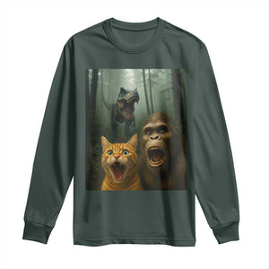 Cat Bigfoot Selfie With Dinosaur Long Sleeve Shirt Funny Surprised Scared Sasquatch Cat TS14 Dark Forest Green Print Your Wear
