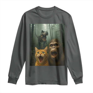 Cat Bigfoot Selfie With Dinosaur Long Sleeve Shirt Funny Surprised Scared Sasquatch Cat TS14 Dark Heather Print Your Wear