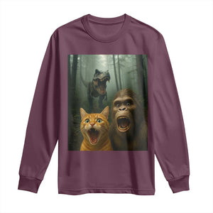 Cat Bigfoot Selfie With Dinosaur Long Sleeve Shirt Funny Surprised Scared Sasquatch Cat TS14 Maroon Print Your Wear