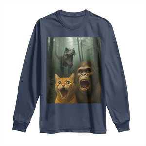 Cat Bigfoot Selfie With Dinosaur Long Sleeve Shirt Funny Surprised Scared Sasquatch Cat TS14 Navy Print Your Wear