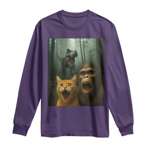 Cat Bigfoot Selfie With Dinosaur Long Sleeve Shirt Funny Surprised Scared Sasquatch Cat TS14 Purple Print Your Wear