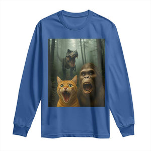 Cat Bigfoot Selfie With Dinosaur Long Sleeve Shirt Funny Surprised Scared Sasquatch Cat TS14 Royal Blue Print Your Wear