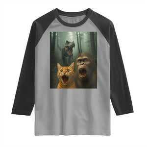 Cat Bigfoot Selfie With Dinosaur Raglan Shirt Funny Surprised Scared Sasquatch Cat TS14 Sport Gray Black Print Your Wear