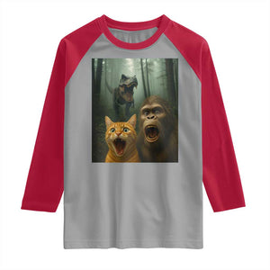 Cat Bigfoot Selfie With Dinosaur Raglan Shirt Funny Surprised Scared Sasquatch Cat TS14 Sport Gray Red Print Your Wear