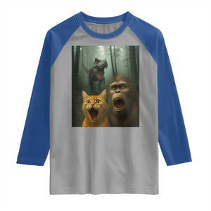 Cat Bigfoot Selfie With Dinosaur Raglan Shirt Funny Surprised Scared Sasquatch Cat TS14 Sport Gray Royal Print Your Wear