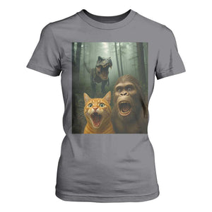 Cat Bigfoot Selfie With Dinosaur T Shirt For Women Funny Surprised Scared Sasquatch Cat TS14 Charcoal Print Your Wear