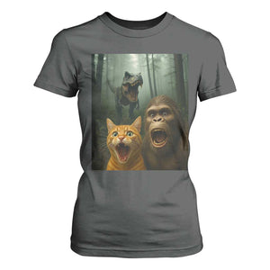Cat Bigfoot Selfie With Dinosaur T Shirt For Women Funny Surprised Scared Sasquatch Cat TS14 Dark Heather Print Your Wear