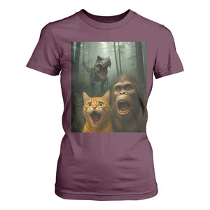 Cat Bigfoot Selfie With Dinosaur T Shirt For Women Funny Surprised Scared Sasquatch Cat TS14 Maroon Print Your Wear