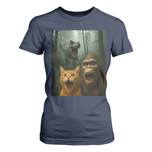 Cat Bigfoot Selfie With Dinosaur T Shirt For Women Funny Surprised Scared Sasquatch Cat TS14 Navy Print Your Wear