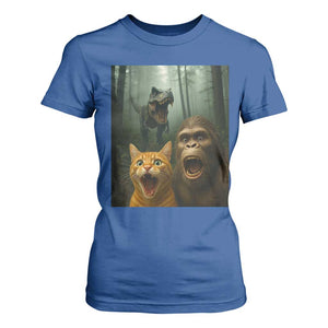 Cat Bigfoot Selfie With Dinosaur T Shirt For Women Funny Surprised Scared Sasquatch Cat TS14 Royal Blue Print Your Wear