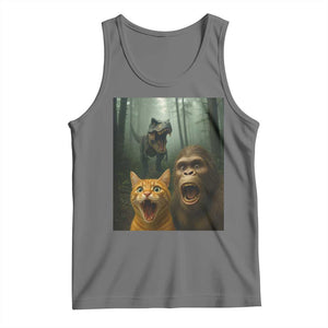 Cat Bigfoot Selfie With Dinosaur Tank Top Funny Surprised Scared Sasquatch Cat TS14 Black Heather Print Your Wear