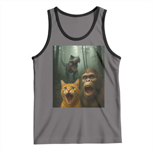 Cat Bigfoot Selfie With Dinosaur Tank Top Funny Surprised Scared Sasquatch Cat TS14 Deep Heather Black Print Your Wear