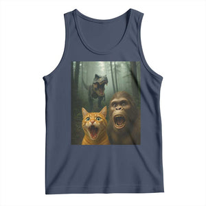 Cat Bigfoot Selfie With Dinosaur Tank Top Funny Surprised Scared Sasquatch Cat TS14 Navy Print Your Wear