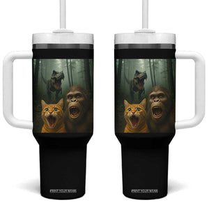 Cat Bigfoot Selfie With Dinosaur Tumbler With Handle Funny Surprised Scared Sasquatch Cat TS14 One Size: 40 oz Black Print Your Wear
