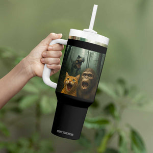 Cat Bigfoot Selfie With Dinosaur Tumbler With Handle Funny Surprised Scared Sasquatch Cat TS14 Print Your Wear