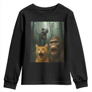 Cat Bigfoot Selfie With Dinosaur Youth Sweatshirt Funny Surprised Scared Sasquatch Cat TS14 Black Print Your Wear