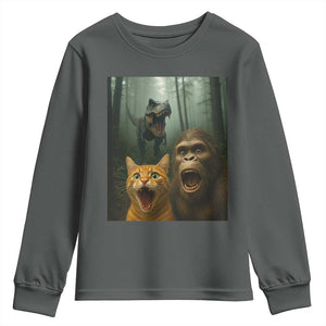 Cat Bigfoot Selfie With Dinosaur Youth Sweatshirt Funny Surprised Scared Sasquatch Cat TS14 Dark Heather Print Your Wear