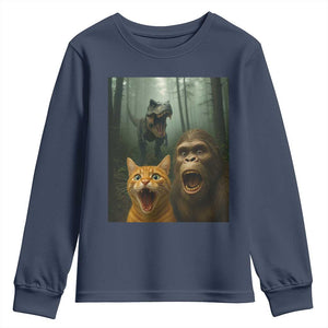 Cat Bigfoot Selfie With Dinosaur Youth Sweatshirt Funny Surprised Scared Sasquatch Cat TS14 Navy Print Your Wear