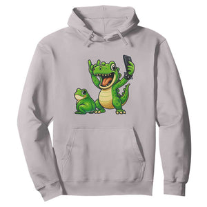 Funny Dinosaur Frog Selfie Hoodie Rock On Hand TS14 Ice Gray Print Your Wear