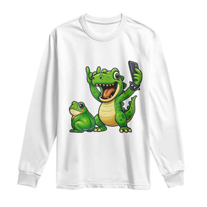 Funny Dinosaur Frog Selfie Long Sleeve Shirt Rock On Hand TS14 White Print Your Wear