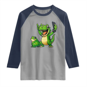 Funny Dinosaur Frog Selfie Raglan Shirt Rock On Hand TS14 Sport Gray Navy Print Your Wear