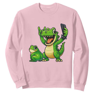 Funny Dinosaur Frog Selfie Sweatshirt Rock On Hand TS14 Light Pink Print Your Wear
