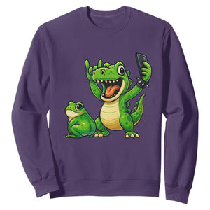 Funny Dinosaur Frog Selfie Sweatshirt Rock On Hand TS14 Purple Print Your Wear