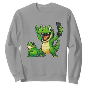 Funny Dinosaur Frog Selfie Sweatshirt Rock On Hand TS14 Sport Gray Print Your Wear