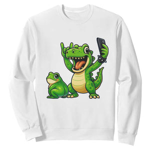Funny Dinosaur Frog Selfie Sweatshirt Rock On Hand TS14 White Print Your Wear
